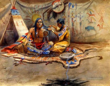 salon de beauté indien 1899 Charles Marion Russell American Indians Peinture à l'huile
